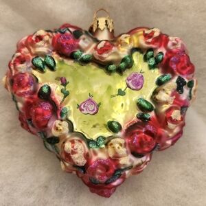 Christopher Radko Heart & Floral Valentine Glass Ornament, Handpainted, 5", Mint